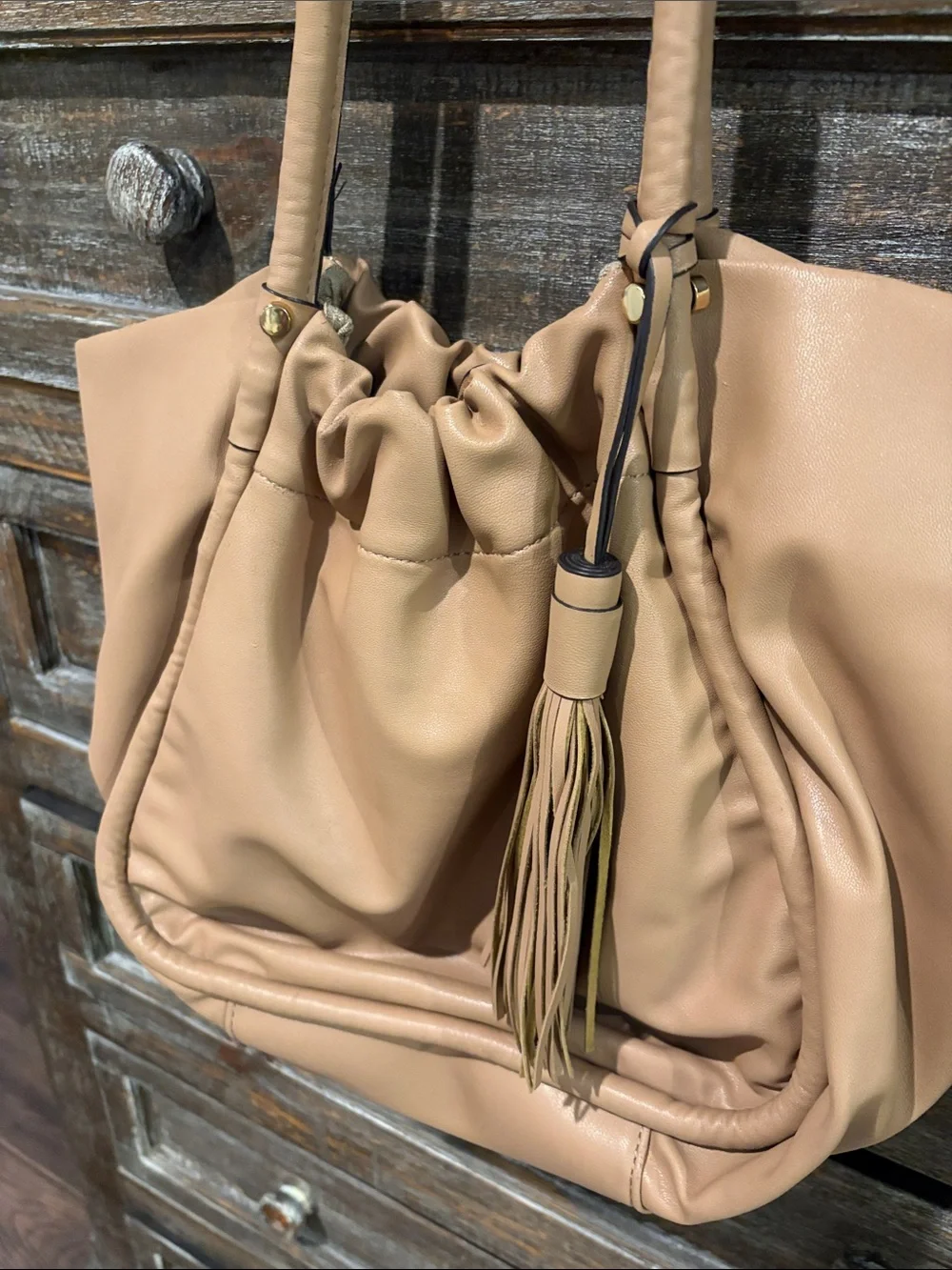 Neutral Tan Drawstring Shoulder Tote with Tassel Accent